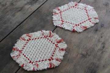 vintage turkey red lamp table mats or hot mat trivets, knotted thread w/ tied fringe