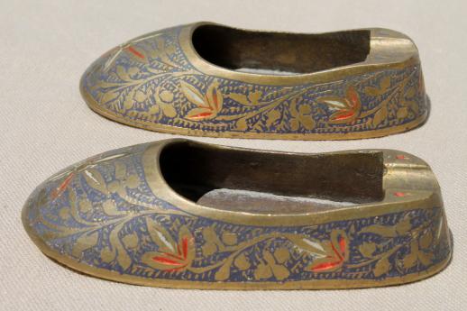 vintage turkish slipper ashtrays, enameled brass pair of shoes ashtray set