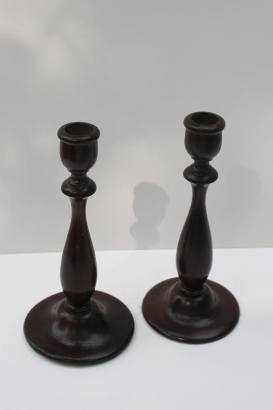 vintage turned wood candlesticks, hand crafted treen ware wooden candle holders