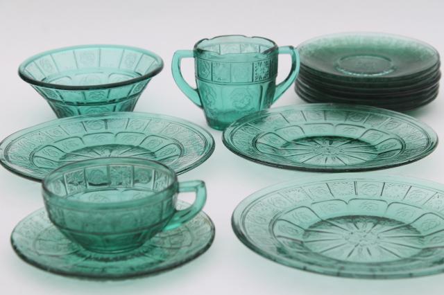 vintage ultramarine teal green depression glass doll dishes, doric and pansy pattern
