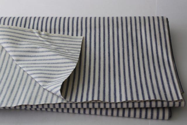 vintage unbleached cotton ticking fabric, blue stripe heavy canvas weight material