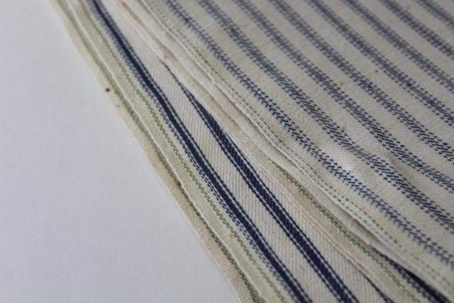 vintage unbleached cotton ticking fabric, blue stripe heavy canvas weight material