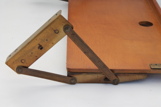 vintage under cabinet pull down kitchen shelf / cookbook stand, solid wood w/ original hardware
