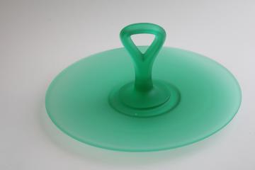 vintage uranium glass, glowing emerald green plate w/ center handle, art deco serving tray