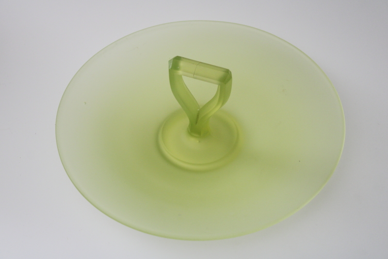 vintage uranium glass, glowing vaseline glass plate w/ center handle, art deco serving tray
