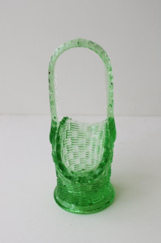 vintage uranium green depression glass, brides basket candy dish or flower vase
