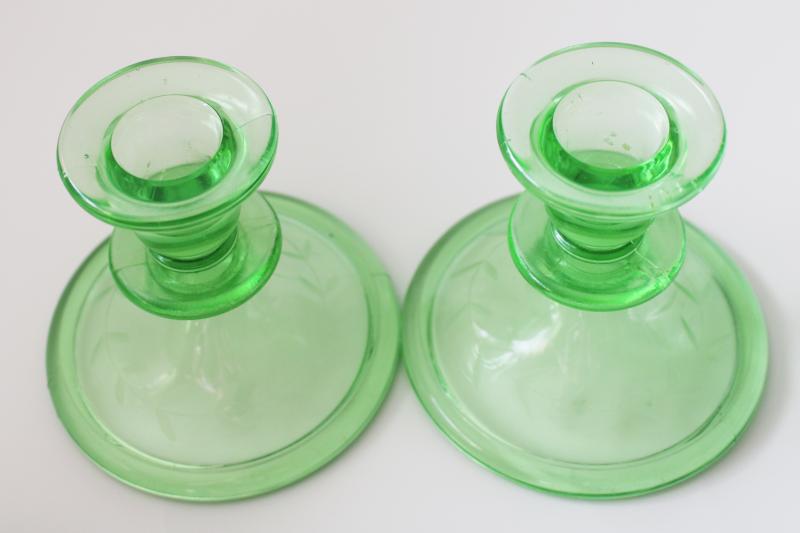 vintage uranium green depression glass candle holders, laurel band wheel cut etched