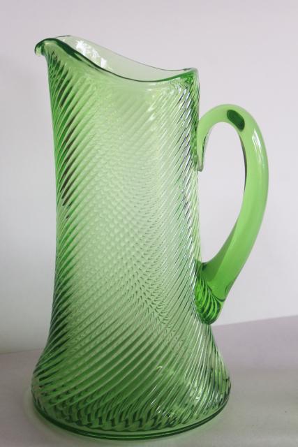 vintage uranium green depression glass lemonade set pitcher tumblers Federal corded optic spiral