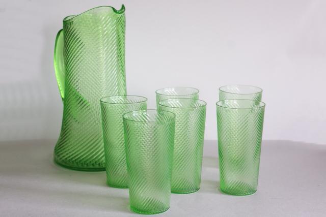 vintage uranium green depression glass lemonade set pitcher tumblers Federal corded optic spiral