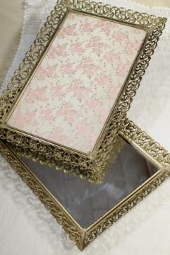 vintage vanity easel mirror & perfume tray, gold lace metal filigree frame