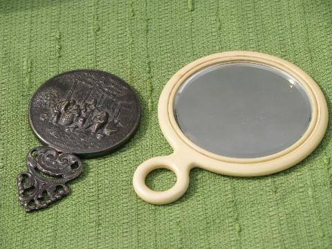 vintage vanity hand mirrors, Danish pewter, ivory celluloid ring handle