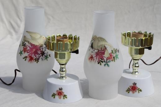 vintage vanity lamps w/ doves & roses, pair dresser lamps w/ glass chimney shades