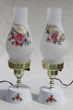 vintage vanity lamps w/ doves & roses, pair dresser lamps w/ glass chimney shades