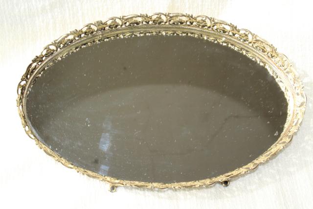 vintage vanity mirror perfume tray, gold lace metal filigree frame glass mirror