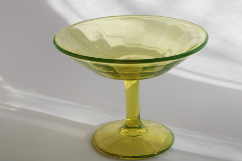 vintage vaseline glass candy dish, uranium glow yellow green glass compote or tazza