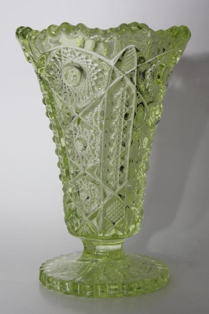 vintage vaseline glass vase, sunburst pattern pressed glass canary yellow green