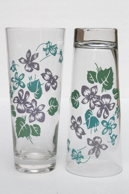 vintage violet print drinking glasses, tall tumblers summer coolers w/ Royalon lavender violets 