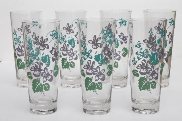 vintage violet print drinking glasses, tall tumblers summer coolers w/ Royalon lavender violets 