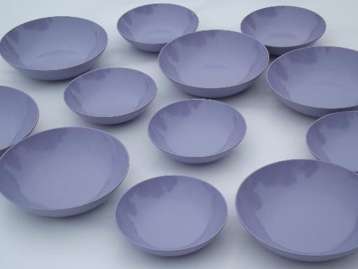 vintage violet purple melmac, retro Royalon bowls, soup and small bowl set