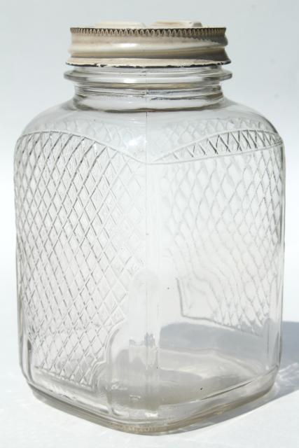 vintage waffle glass hoosier jars, old square glass canisters, antique coffee / tea jars