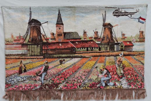 vintage wall hanging tapestry, tulip fields of Holland with Dutch windmills