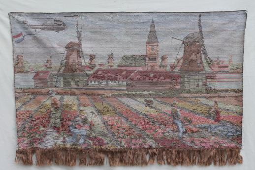 vintage wall hanging tapestry, tulip fields of Holland with Dutch windmills