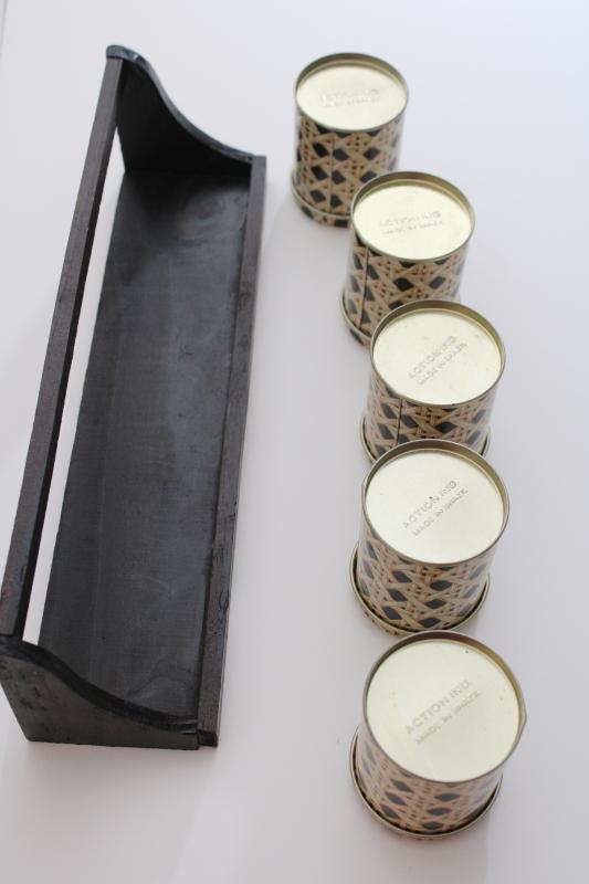 vintage wall mount spice rack w/ tiny tin canisters, cane print storage tins