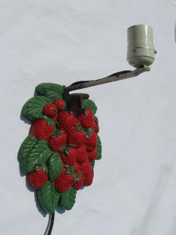 vintage wall sconce lamp, old red strawberries chalkware plaque