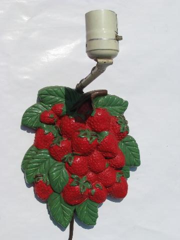 vintage wall sconce lamp, old red strawberries chalkware plaque