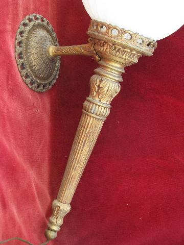 vintage wall sconce light, ornate gold torch lamp w/ glass globe shade