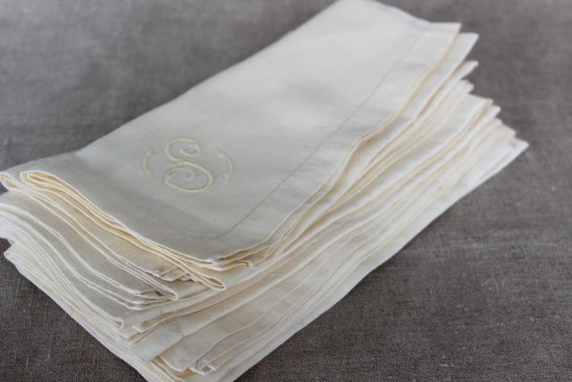 vintage washed linen hemstitched napkins w/ embroidered S monogram, handkerchief linen fabric