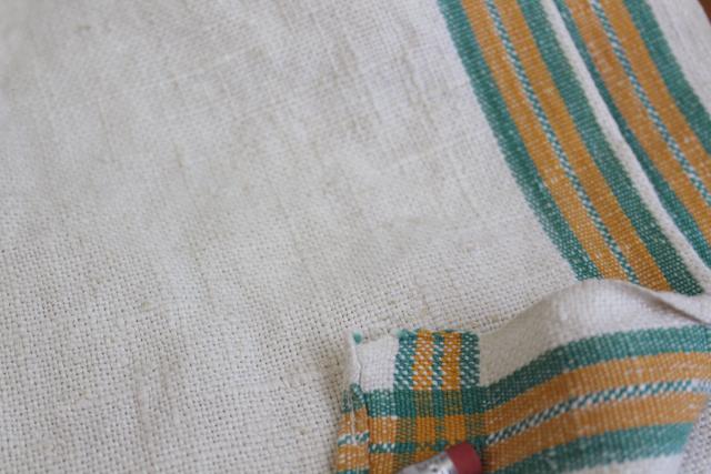 vintage washed linen kitchen towels, soft thick dishtowels gold & jade green stripe