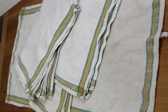 vintage washed linen kitchen towels, soft thick dishtowels gold & jade green stripe