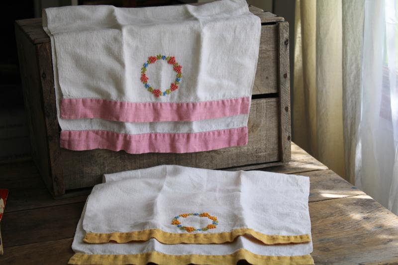 vintage washed linen towels hand embroidered stitching french knots, bath or powder room
