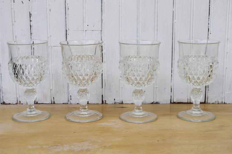 vintage water goblets or big wine glasses, Indiana diamond point pressed glass