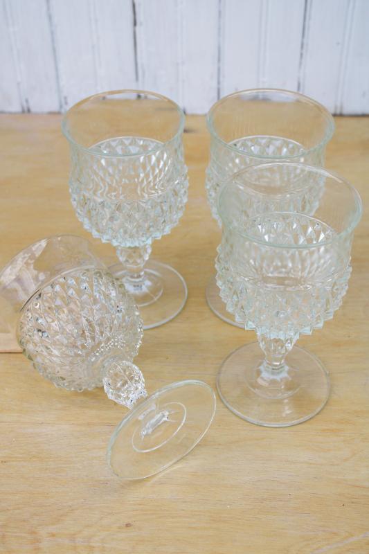 vintage water goblets or big wine glasses, Indiana diamond point pressed glass