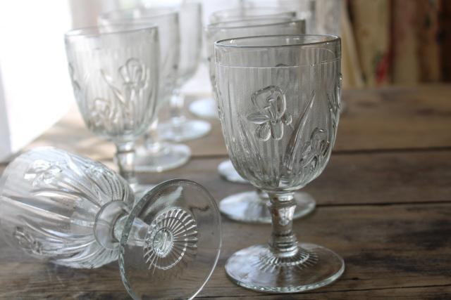 vintage water goblets or wine glasses, crystal clear iris & herringbone depression glass