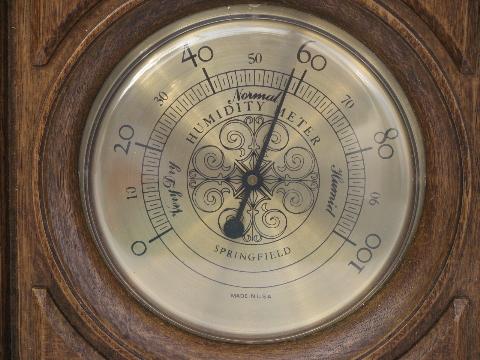 vintage weather gauges, Springfield barometer, thermometer, hygrometer