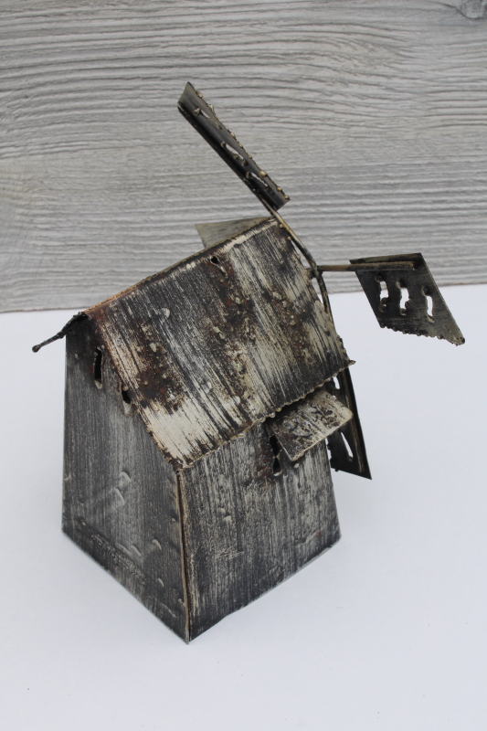 vintage weathered grey distressed metal windmill music box, modern farmhouse decor