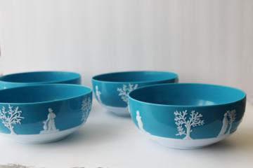 Set of 3 Hazel Atlas Fringed Edge Turquoise Kitchen Utensils Mixing Bowls 