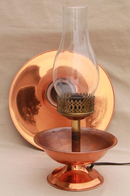 vintage western style copper lamp w/ metal shade & glass chimney for mid-century ranch or rustic cabin