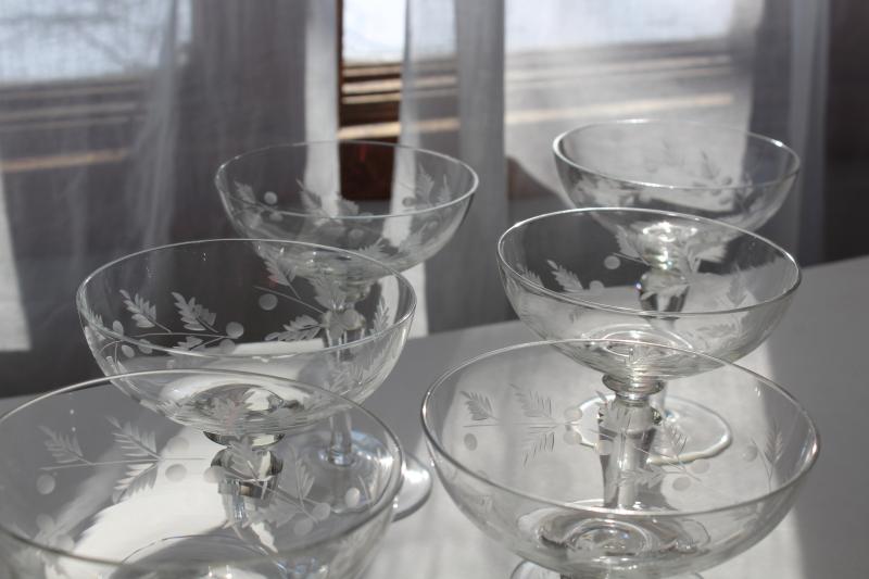 vintage wheel cut etched glass champagne glasses, Electra Arcadia fern & berry pattern