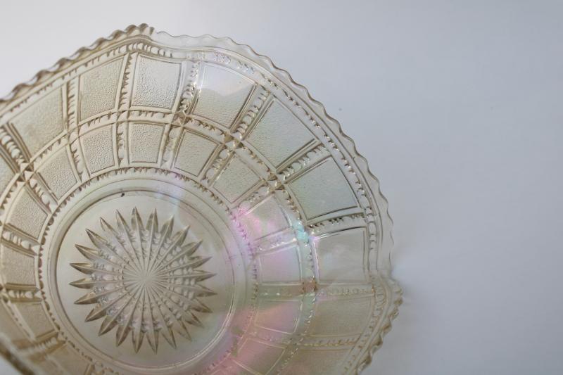 vintage white carnival glass iridescent luster bowl, Imperial beaded block pattern