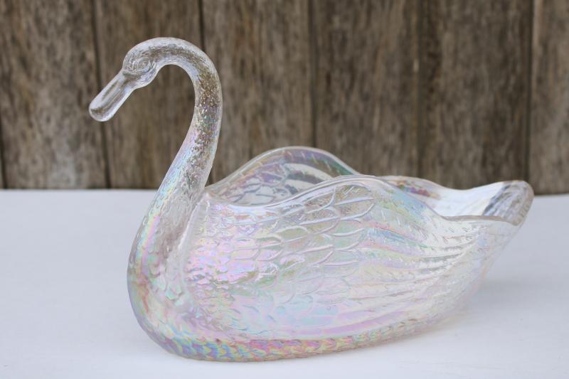 vintage white carnival glass pressed glass swan bowl w/ rosy iridescent luster