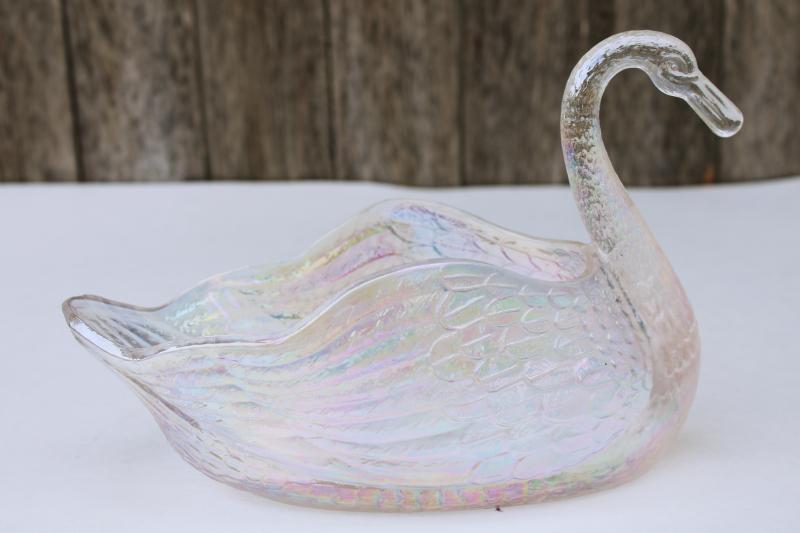 vintage white carnival glass pressed glass swan bowl w/ rosy iridescent luster