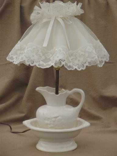 vintage white china wash set lamp, country cottage chic boudoir lamp w/ lace shade