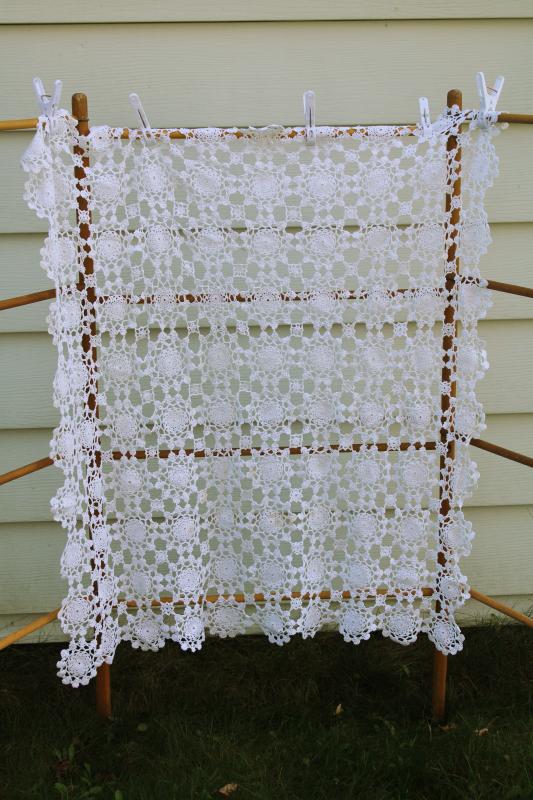 vintage white cotton crochet lace snowflakes pattern tablecloth, square table cover
