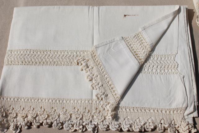 vintage white cotton flat top sheet & pillowcases w/ handmade crochet lace edgings
