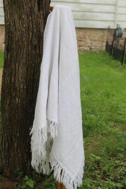 vintage white cotton matelasse texture shawl fringe throw or table cover cloth