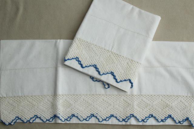 vintage white cotton pillowcases w/ crochet lace & embroidered flowers
